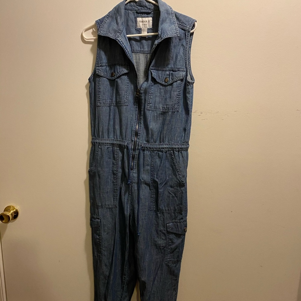 Forever 21 sleeveless jean cargo jumpsuit